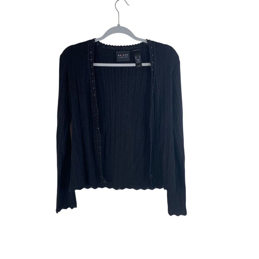 Axcess Black Ribbed Cardigan Sweater With Beaded Trim & Scallop Edges For Women